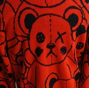 Reasons Mens Red and Black Bear Knit Pattern Sweater Size Large